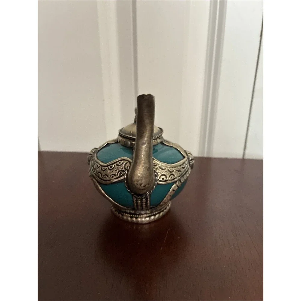 Vintage Moroccan Miniature Teapot Teal Ceramic Silver Metal Filigree Decorative